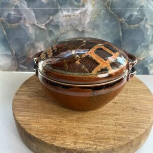 Art Studio Pottery Casserole With Handles & Lid 8" Stoneware Brown Glazed 80s